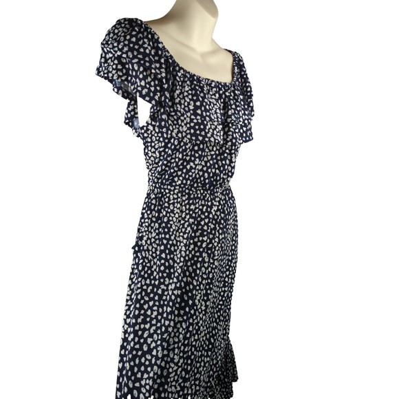 Silkfred Jolie Moi Navy Blue Animal Print Dress Off Shoulder Ruffle Tiered 8 12 - Picture 7 of 15